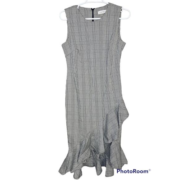 Calvin Klein Sleeveless Houndstooth Black White Ruffle Hem Sheath Dress Size 6 - Picture 1 of 6